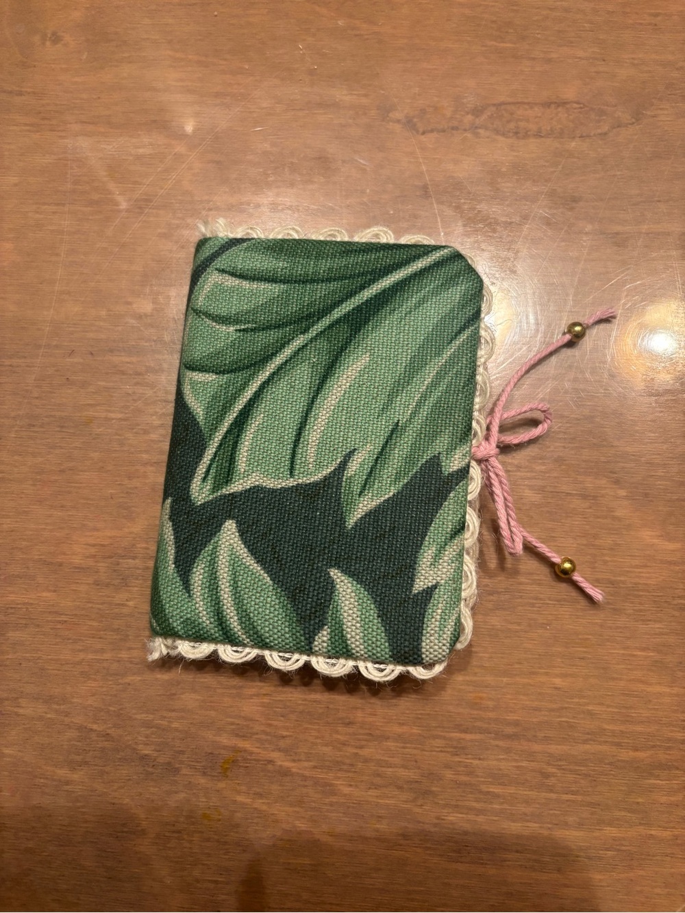 Handmade Green Leaf Fabric Mini Journal Notebook with Pink Tie Size 4.5x3.25